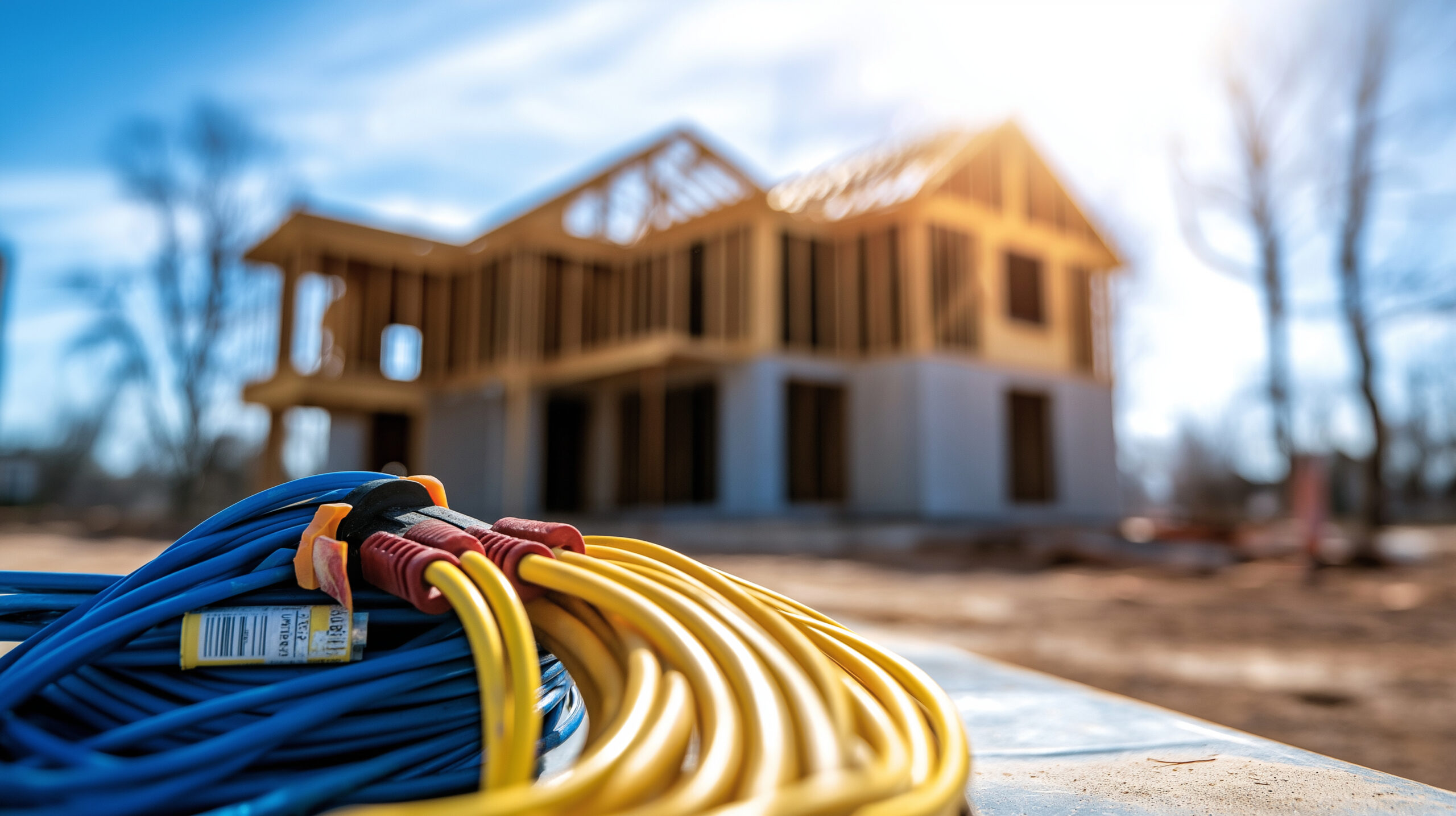 Electrical wires and an extension cord on a table outside, with a blurred house under construction in the background.